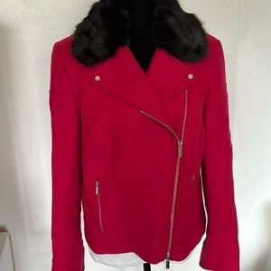 Karen Millen Wool Biker Jacket w/ Detachable Faux Fur Collar- Sz 12 US